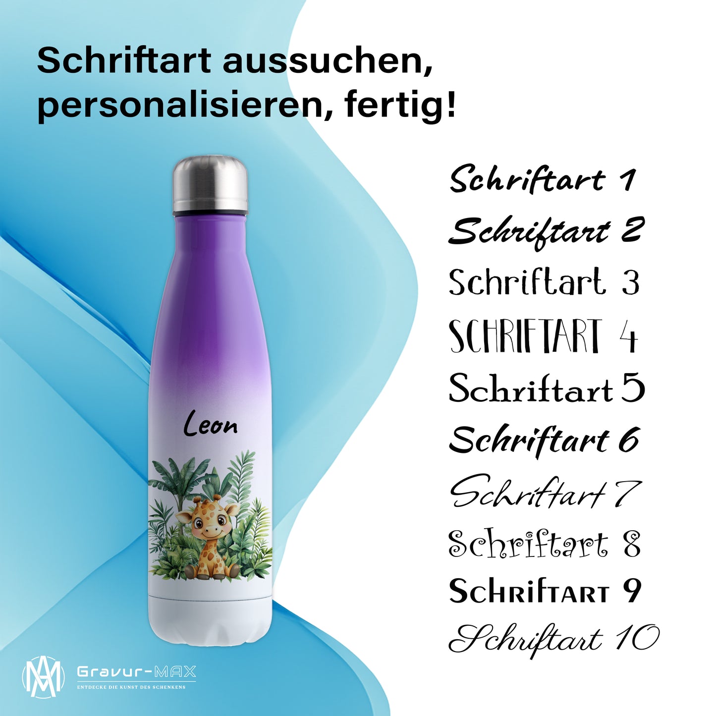 Trinkflasche mit Farbverlauf in Weiß/Violett 500ml aus Edelstahl bedruckt mit Dschungel Tieren"Giraffe" personalisierbar für Kinder mit Wunschname