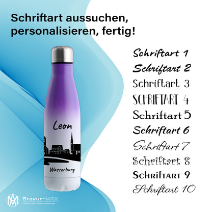 Trinkflasche in Weiß/Violett 500ml aus Edelstahl bedruckt mit der Skyline von Wasserburg personalisierbar mit Wunschname