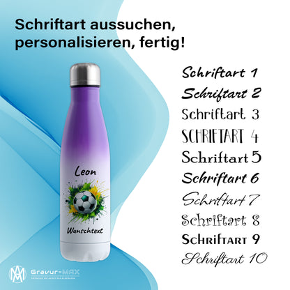 Thermoflasche 500ml in Weiß/Violett aus Edelstahl bedruckt "Fußball" Motiv11 personalisierbar mit Wunschname & Text