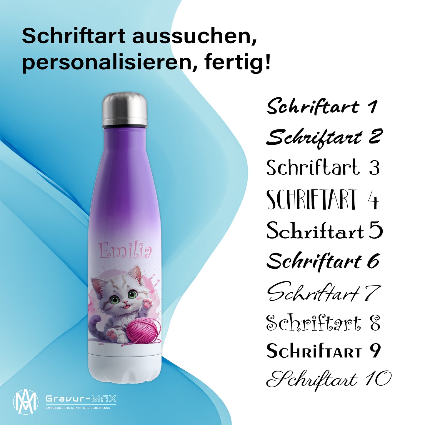 Trinkflasche in Weiß/Violett 500ml aus Edelstahl bedruckt mit niedlichen Tieren "Katze" personalisierbar für Kinder mit Wunschname