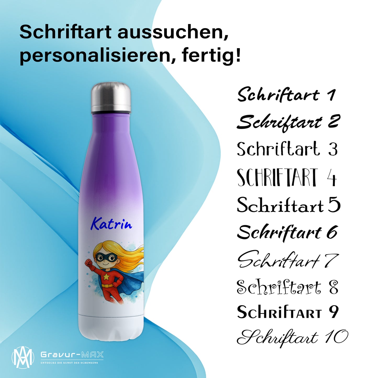 Thermoflasche 500ml in Weiß/Violett bedruckt mit tollen Motiven für Kinder "Superheldin" personalisierbar mit Wunschname