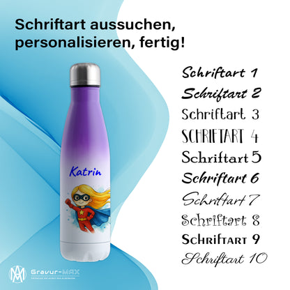 Thermoflasche 500ml in Weiß/Violett bedruckt mit tollen Motiven für Kinder "Superheldin" personalisierbar mit Wunschname