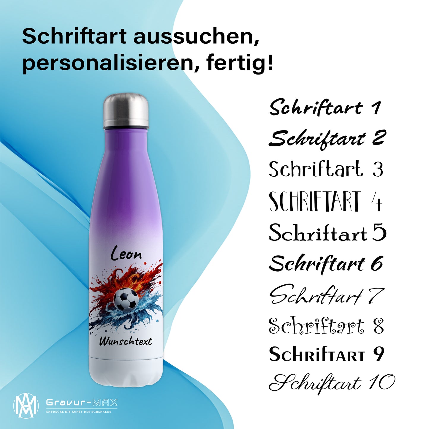 Thermoflasche 500ml in Weiß/Violett aus Edelstahl bedruckt "Fußball" Motiv12 personalisierbar mit Wunschname & Text