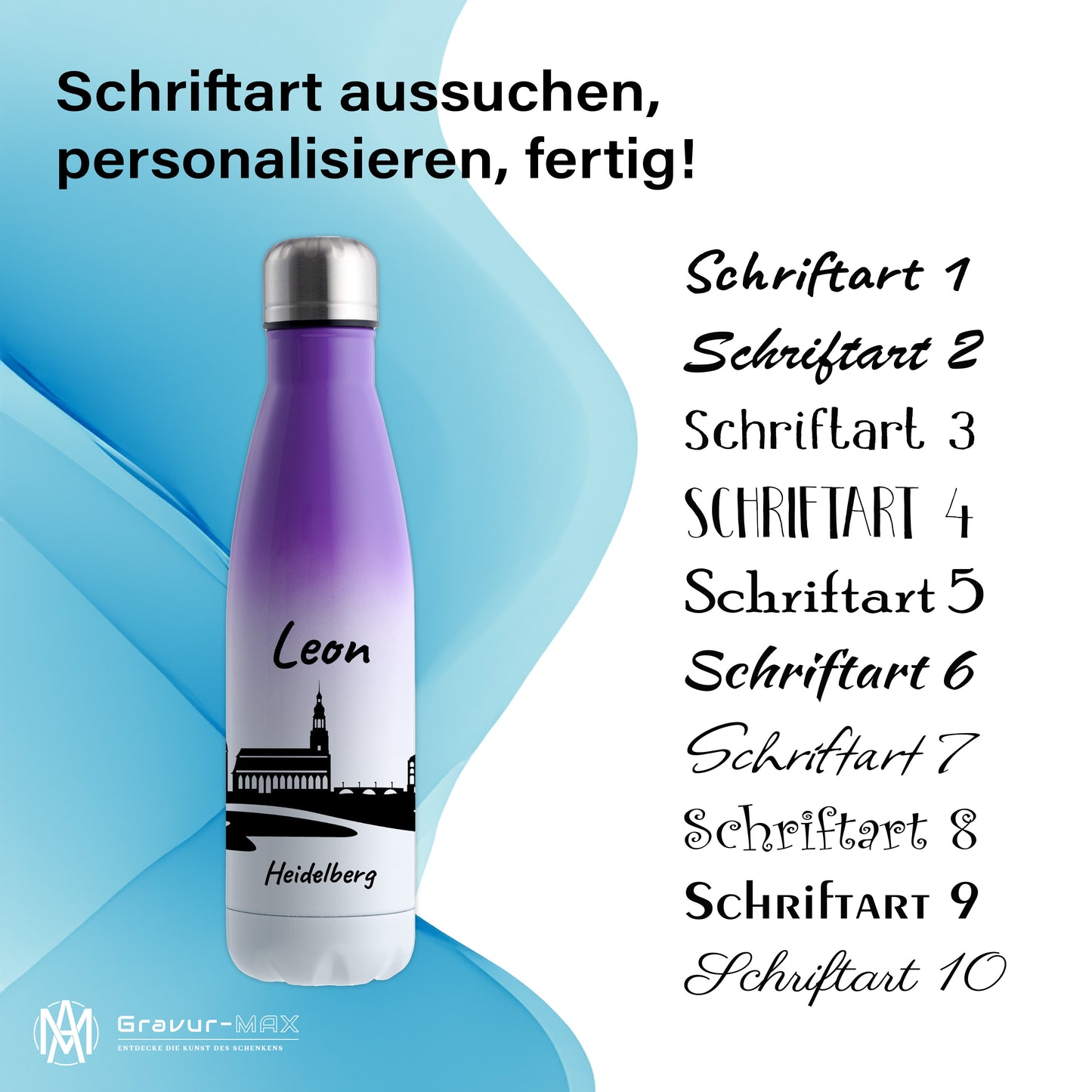 Trinkflasche in Weiß/Violett 500ml aus Edelstahl bedruckt mit der Skyline von Heidelberg personalisierbar mit Wunschname