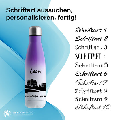 Trinkflasche in Weiß/Violett 500ml aus Edelstahl bedruckt mit der Skyline von Timmendorfer Strand personalisierbar mit Wunschname