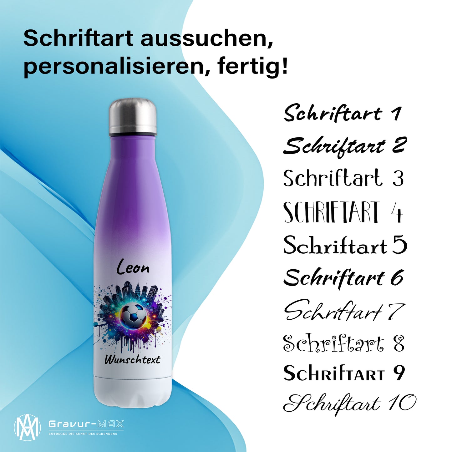 Thermoflasche 500ml in Weiß/Violett aus Edelstahl bedruckt "Fußball" Motiv7 personalisierbar mit Wunschname & Text