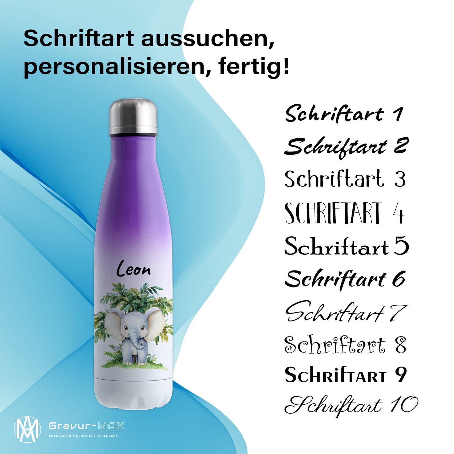 Trinkflasche mit Farbverlauf in Weiß/Violett 500ml aus Edelstahl bedruckt mit Dschungel Tieren"Elefant" personalisierbar für Kinder mit Wunschname