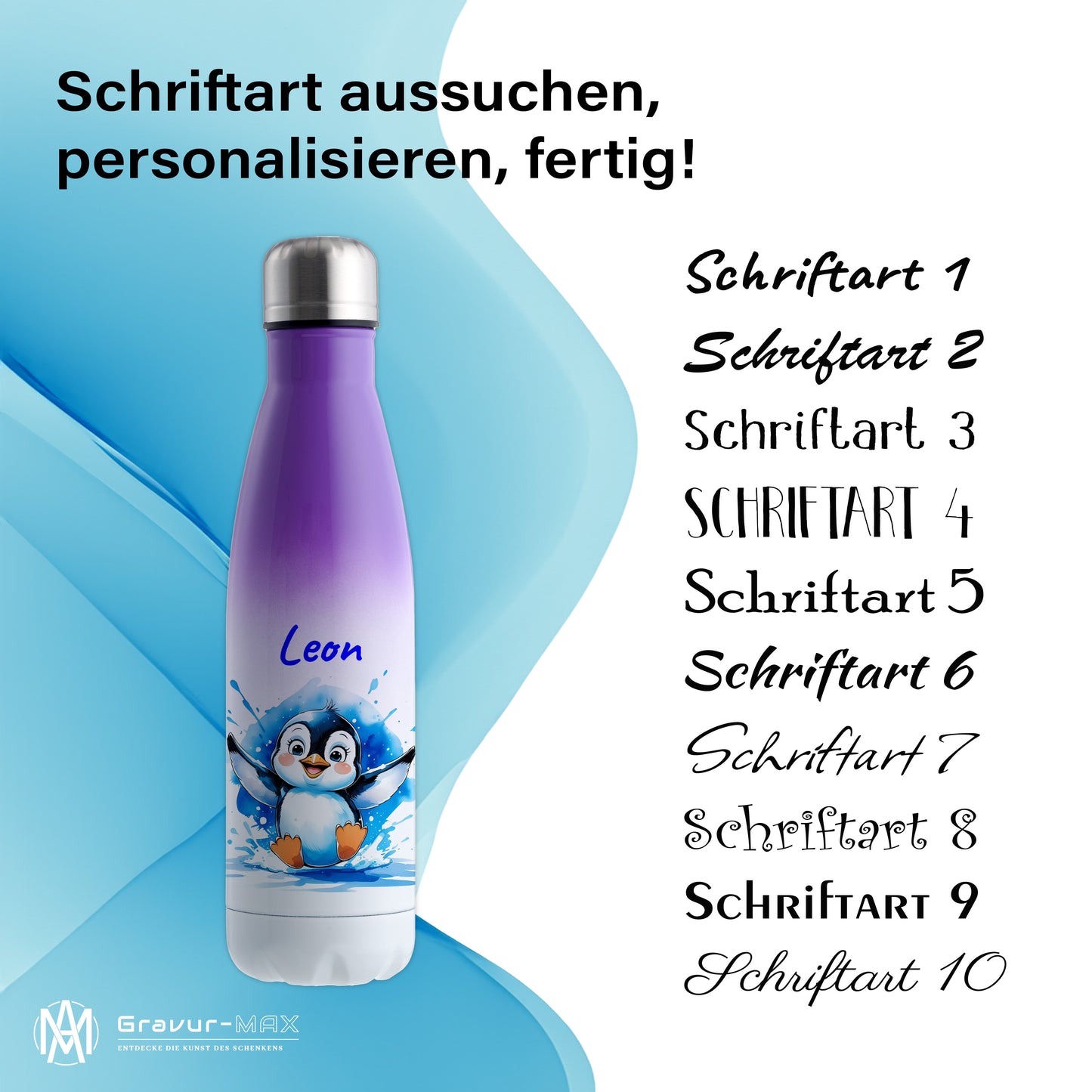 Trinkflasche in Weiß/Violett 500ml aus Edelstahl bedruckt mit niedlichen Tieren "Pinguin" personalisierbar für Kinder mit Wunschname