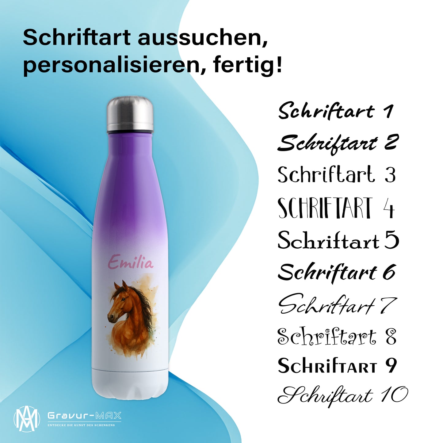 Thermoflasche 500ml in Weiß/Violett bedruckt mit tollen Motiven für Kinder "Pferd" personalisierbar mit Wunschname