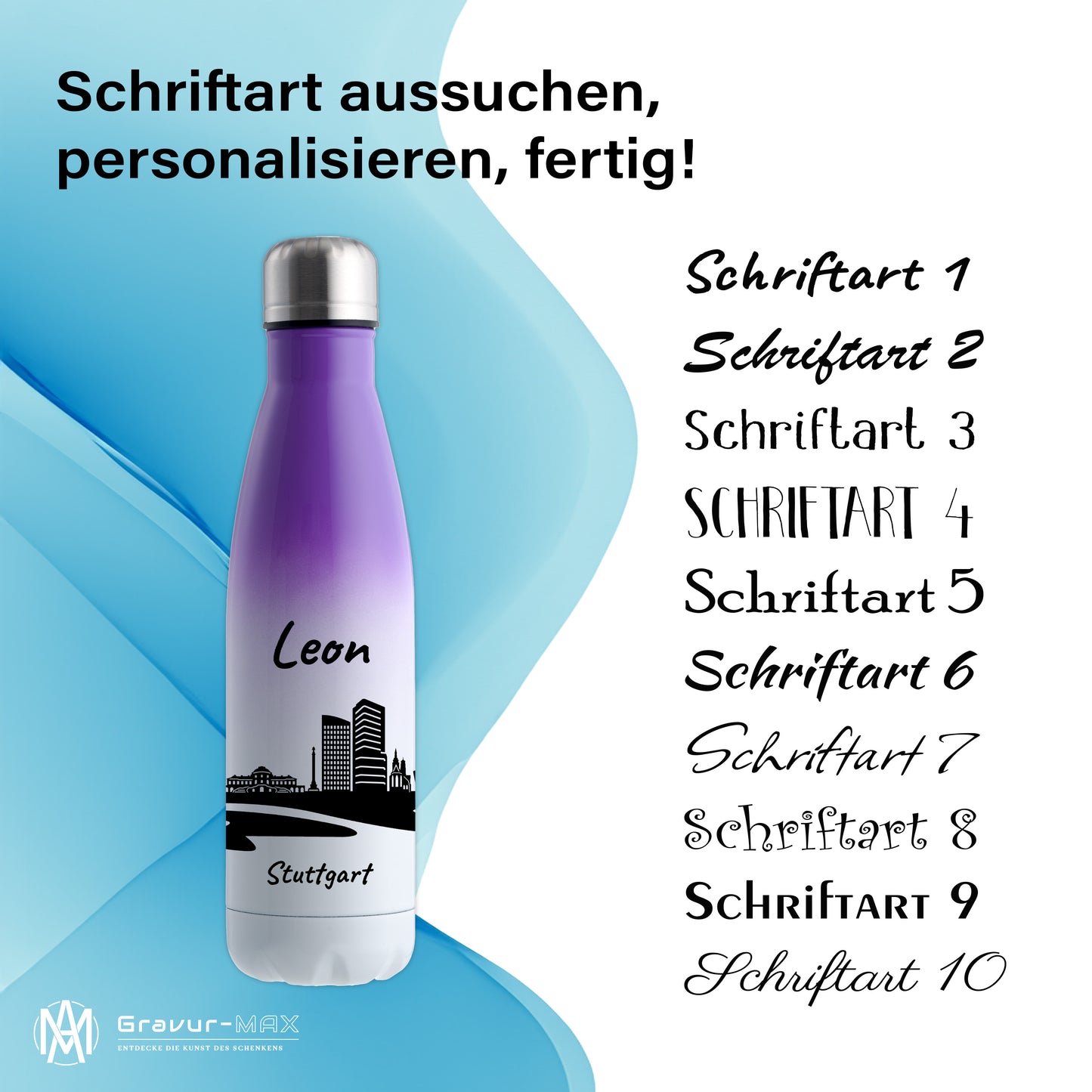 Trinkflasche in Weiß/Violett 500ml aus Edelstahl bedruckt mit der Skyline von Stuttgart personalisierbar mit Wunschname
