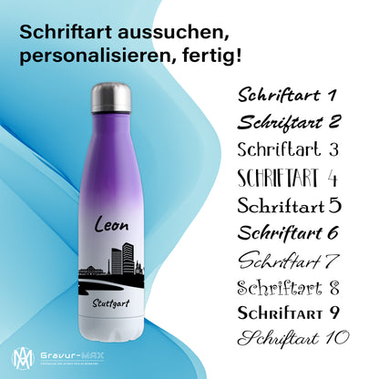 Trinkflasche in Weiß/Violett 500ml aus Edelstahl bedruckt mit der Skyline von Stuttgart personalisierbar mit Wunschname