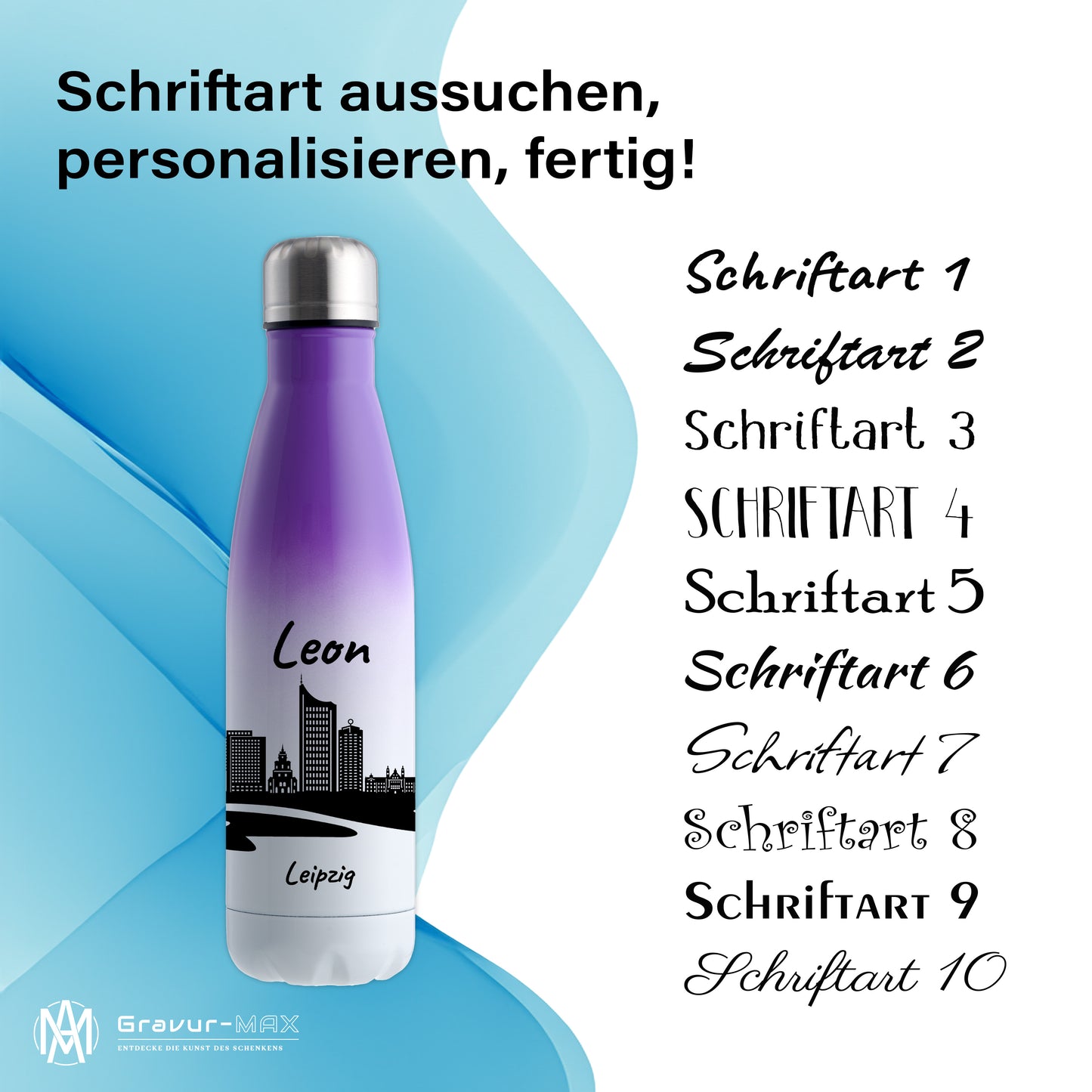Trinkflasche in Weiß/Violett 500ml aus Edelstahl bedruckt mit der Skyline von Leipzig personalisierbar mit Wunschname