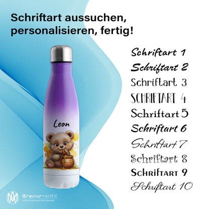 Trinkflasche in Weiß/Violett 500ml aus Edelstahl bedruckt mit niedlichen Tieren "Bär" personalisierbar für Kinder mit Wunschname