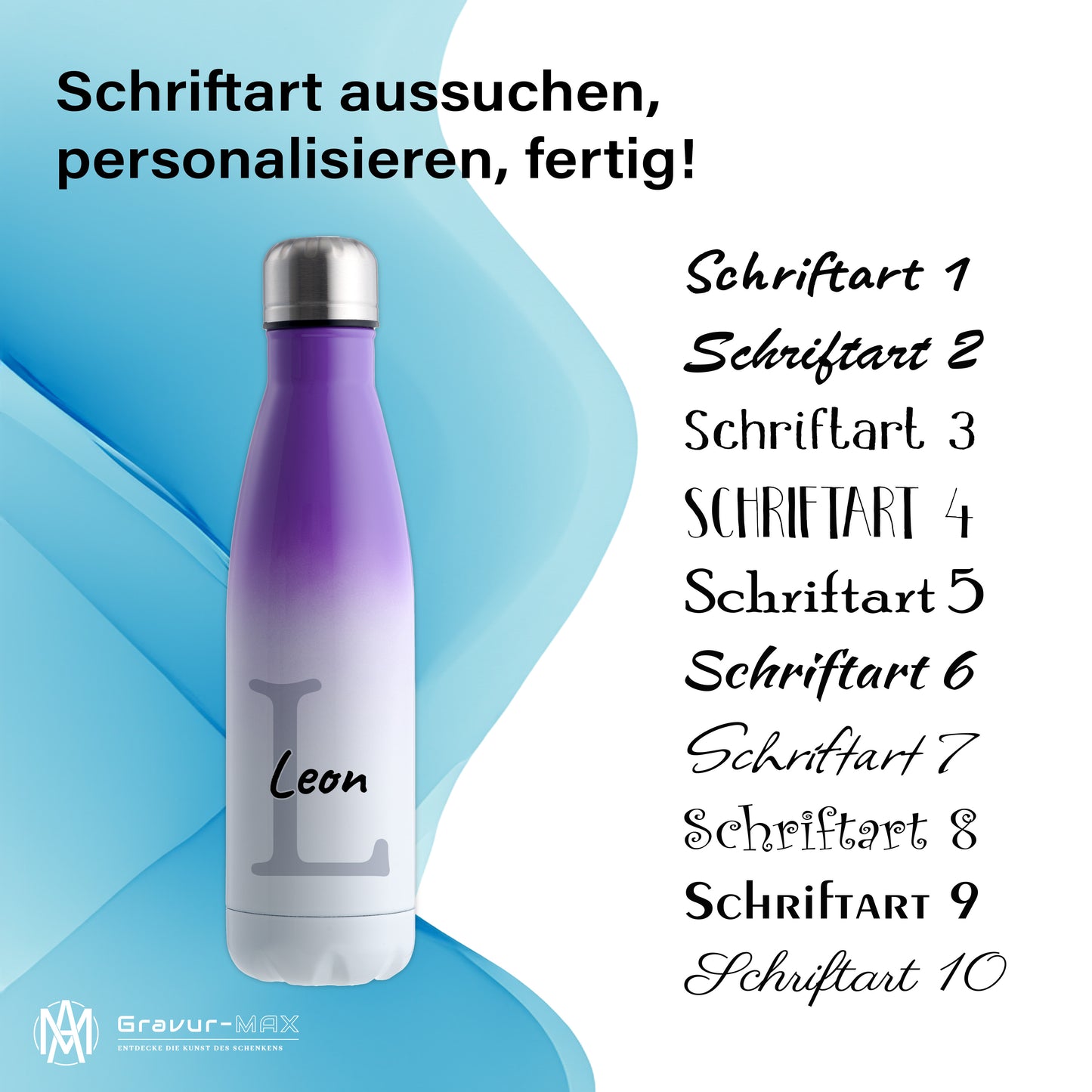 Thermoflasche 500ml aus Edelstahl in Weiß/Violett personalisierbar mit Wunschname auslaufsichere Trinkflasche