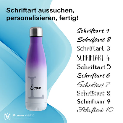 Thermoflasche 500ml aus Edelstahl in Weiß/Violett personalisierbar mit Wunschname auslaufsichere Trinkflasche