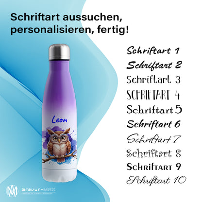 Trinkflasche in Weiß/Violett 500ml aus Edelstahl bedruckt mit niedlichen Tieren "Eule" personalisierbar für Kinder mit Wunschname