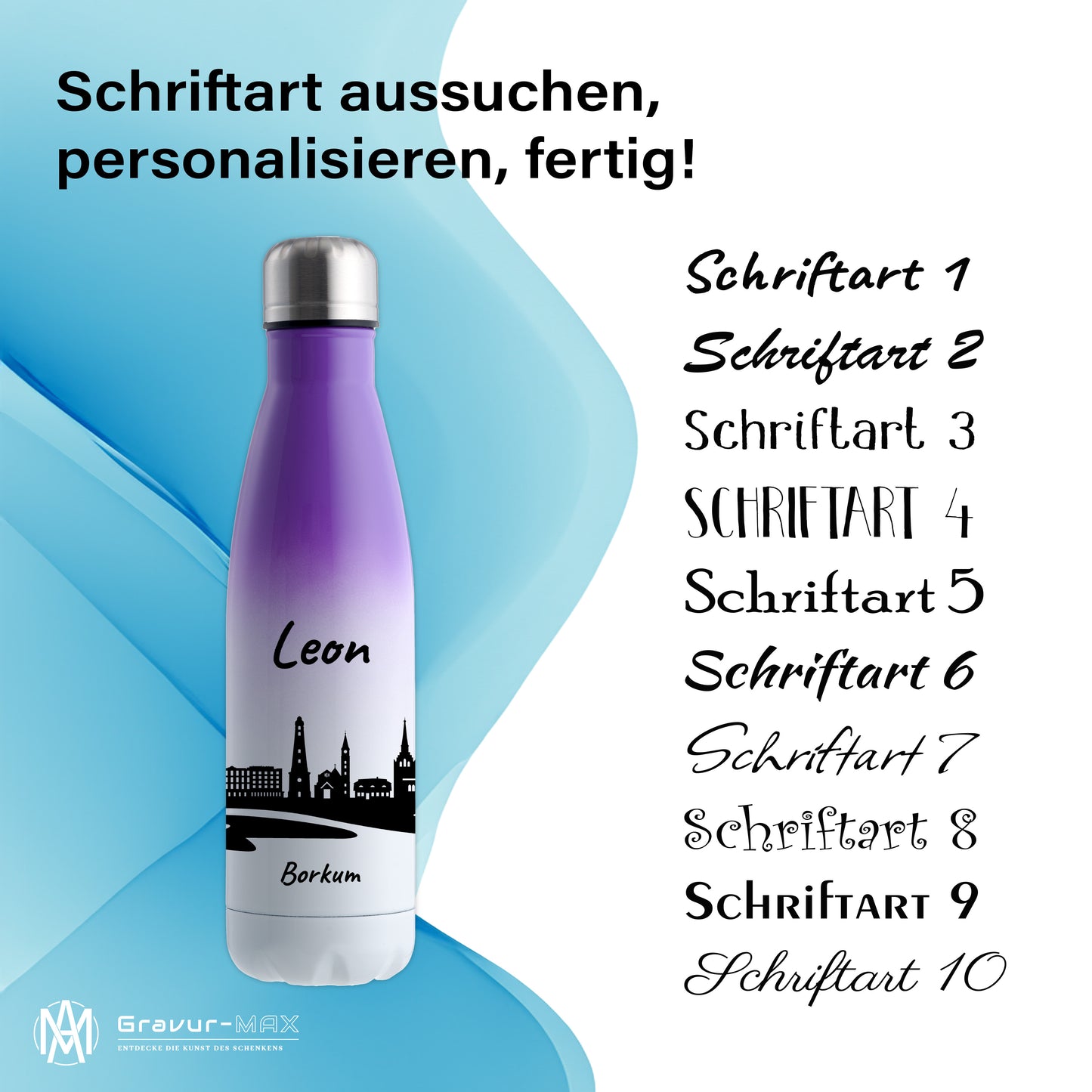 Trinkflasche in Weiß/Violett 500ml aus Edelstahl bedruckt mit der Skyline von Borkum personalisierbar mit Wunschname