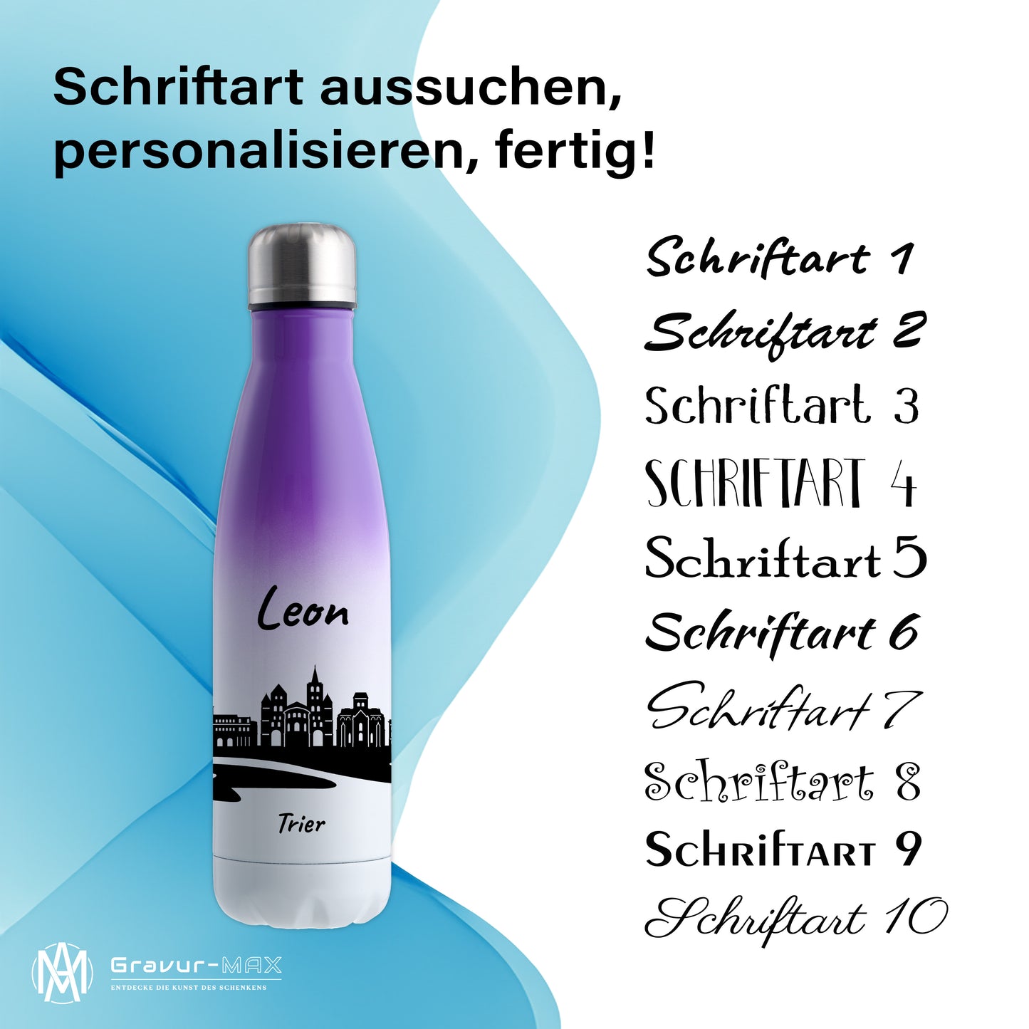 Trinkflasche in Weiß/Violett 500ml aus Edelstahl bedruckt mit der Skyline von Trier personalisierbar mit Wunschname
