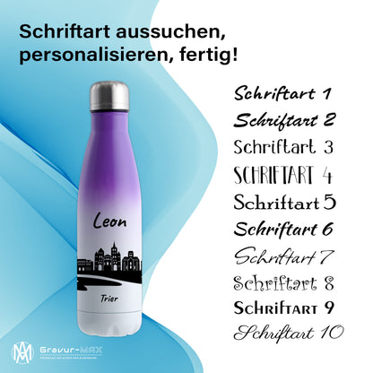 Trinkflasche in Weiß/Violett 500ml aus Edelstahl bedruckt mit der Skyline von Trier personalisierbar mit Wunschname