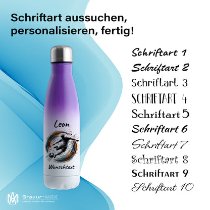 Thermoflasche 500ml in Weiß/Violett aus Edelstahl bedruckt "Fußball" Motiv1 personalisierbar mit Wunschname & Text