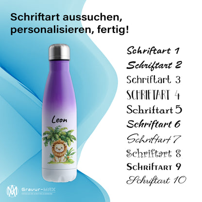 Trinkflasche mit Farbverlauf in Weiß/Violett 500ml aus Edelstahl bedruckt mit Dschungel Tieren"Löwe" personalisierbar für Kinder mit Wunschname