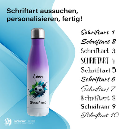 Thermoflasche 500ml in Weiß/Violett aus Edelstahl bedruckt "Fußball" Motiv8 personalisierbar mit Wunschname & Text