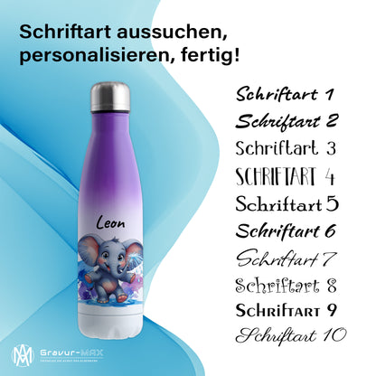 Trinkflasche in Weiß/Violett 500ml aus Edelstahl bedruckt mit niedlichen Tieren "Elefant" personalisierbar für Kinder mit Wunschname