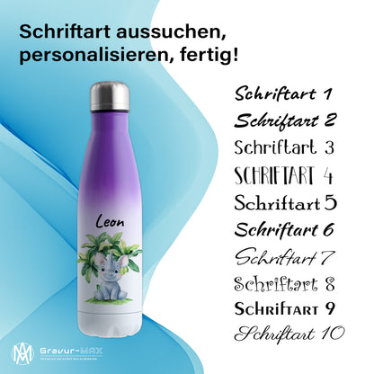 Trinkflasche mit Farbverlauf in Weiß/Violett 500ml aus Edelstahl bedruckt mit Dschungel Tieren"Nashorn" personalisierbar für Kinder mit Wunschname
