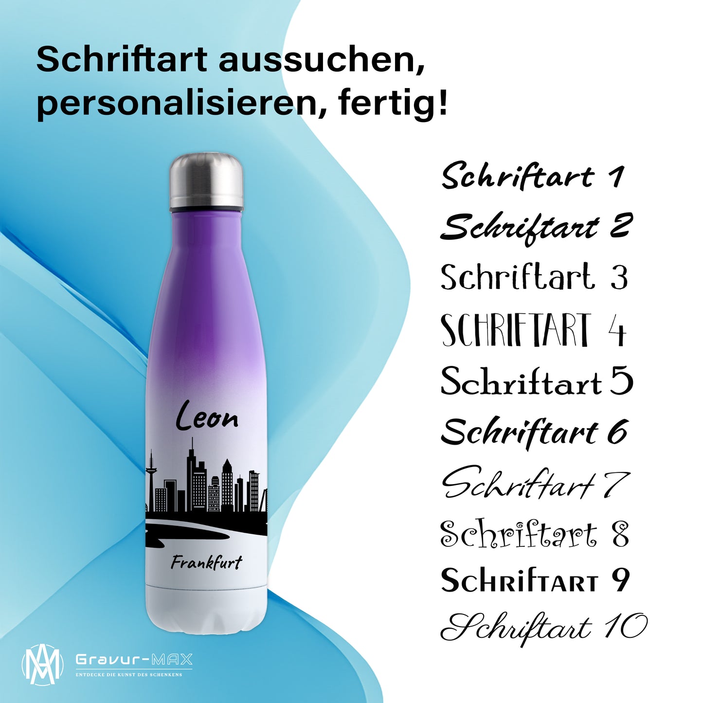 Trinkflasche in Weiß/Violett 500ml aus Edelstahl bedruckt mit der Skyline von Frankfurt personalisierbar mit Wunschname