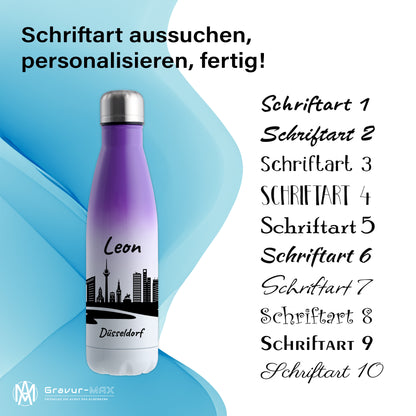 Trinkflasche in Weiß/Violett 500ml aus Edelstahl bedruckt mit der Skyline von Düsseldorf personalisierbar mit Wunschname