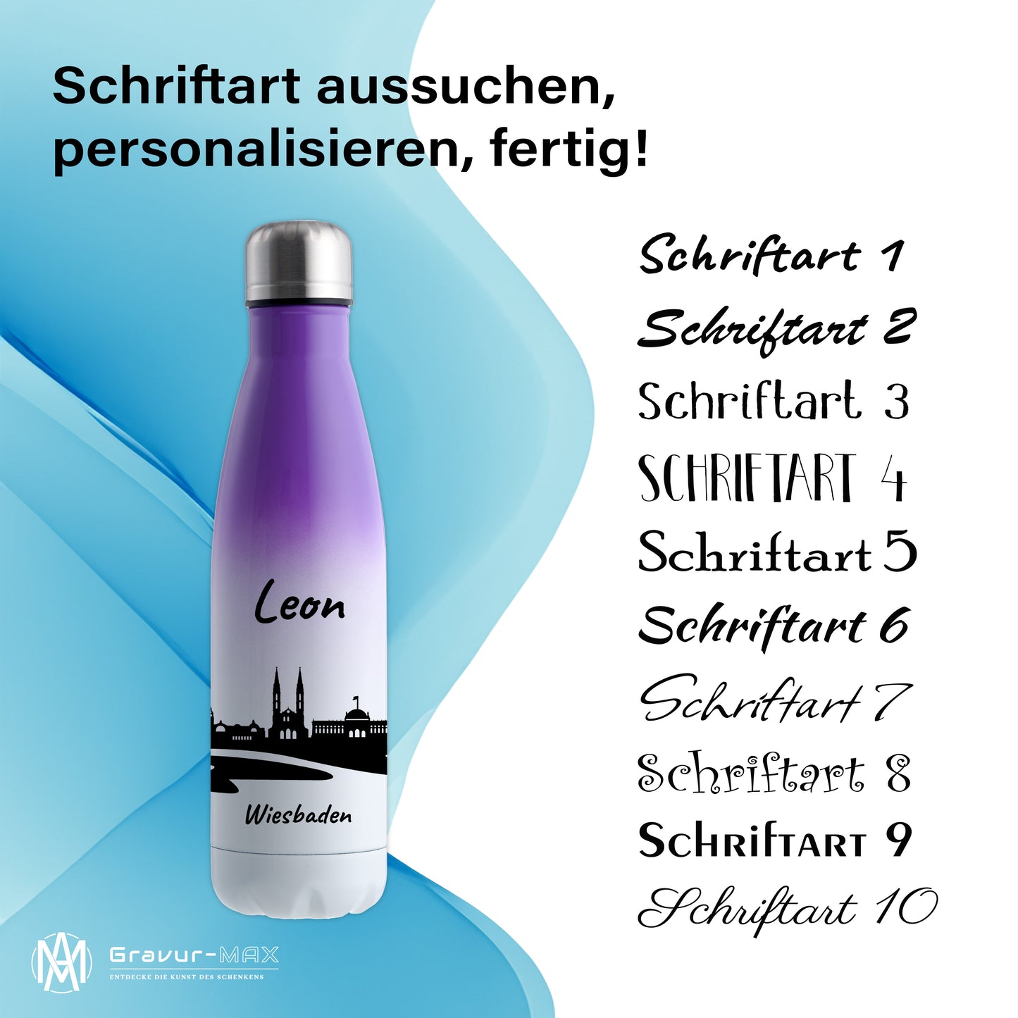 Trinkflasche in Weiß/Violett 500ml aus Edelstahl bedruckt mit der Skyline von Wiesbaden personalisierbar mit Wunschname