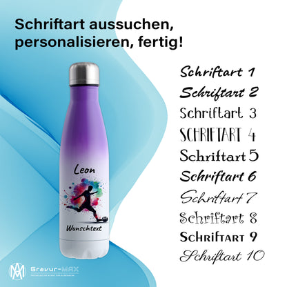 Thermoflasche 500ml in Weiß/Violett aus Edelstahl bedruckt "Fußball" Motiv4 personalisierbar mit Wunschname & Text
