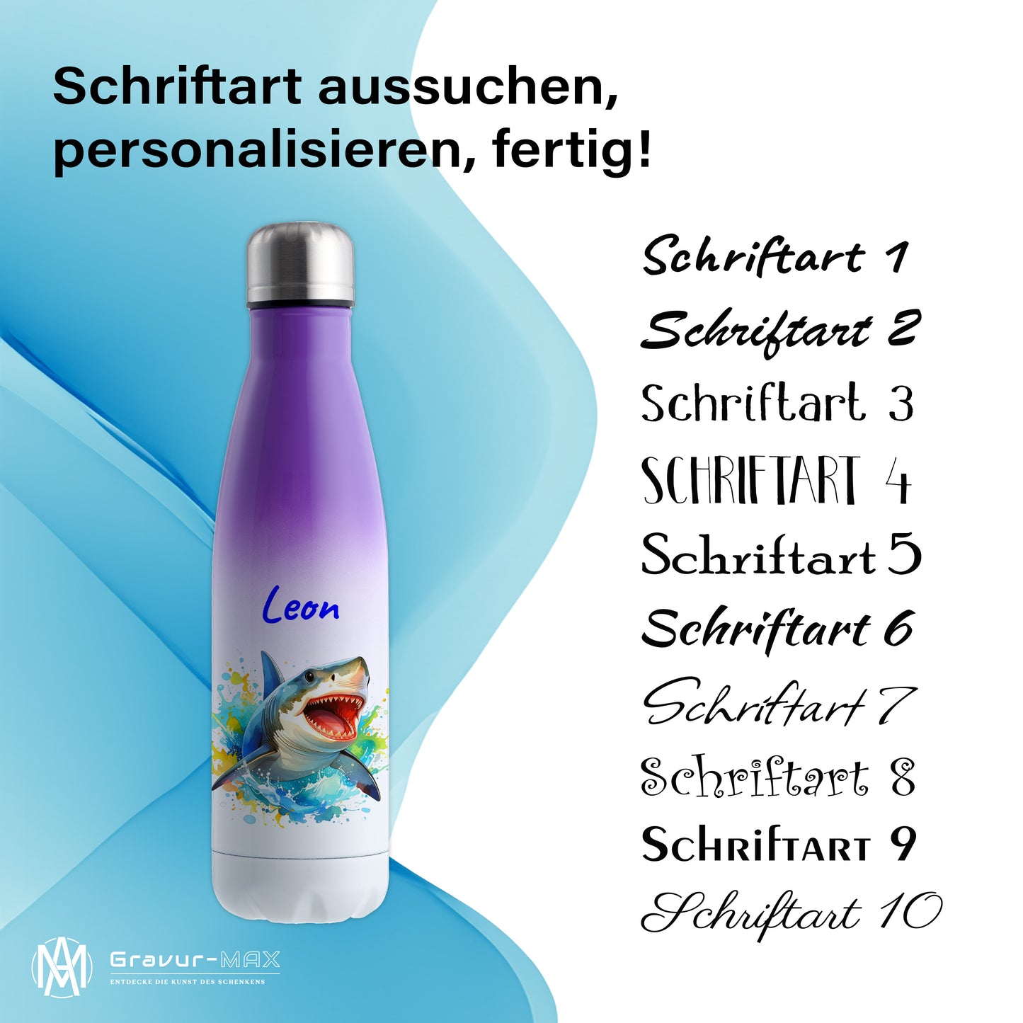 Thermoflasche 500ml in Weiß/Violett bedruckt mit tollen Motiven für Kinder "Hai" personalisierbar mit Wunschname