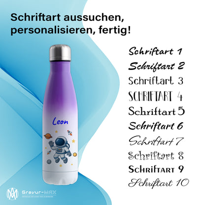 Thermoflasche 500ml in Weiß/Violett bedruckt mit tollen Motiven für Kinder "Astronaut" personalisierbar mit Wunschname