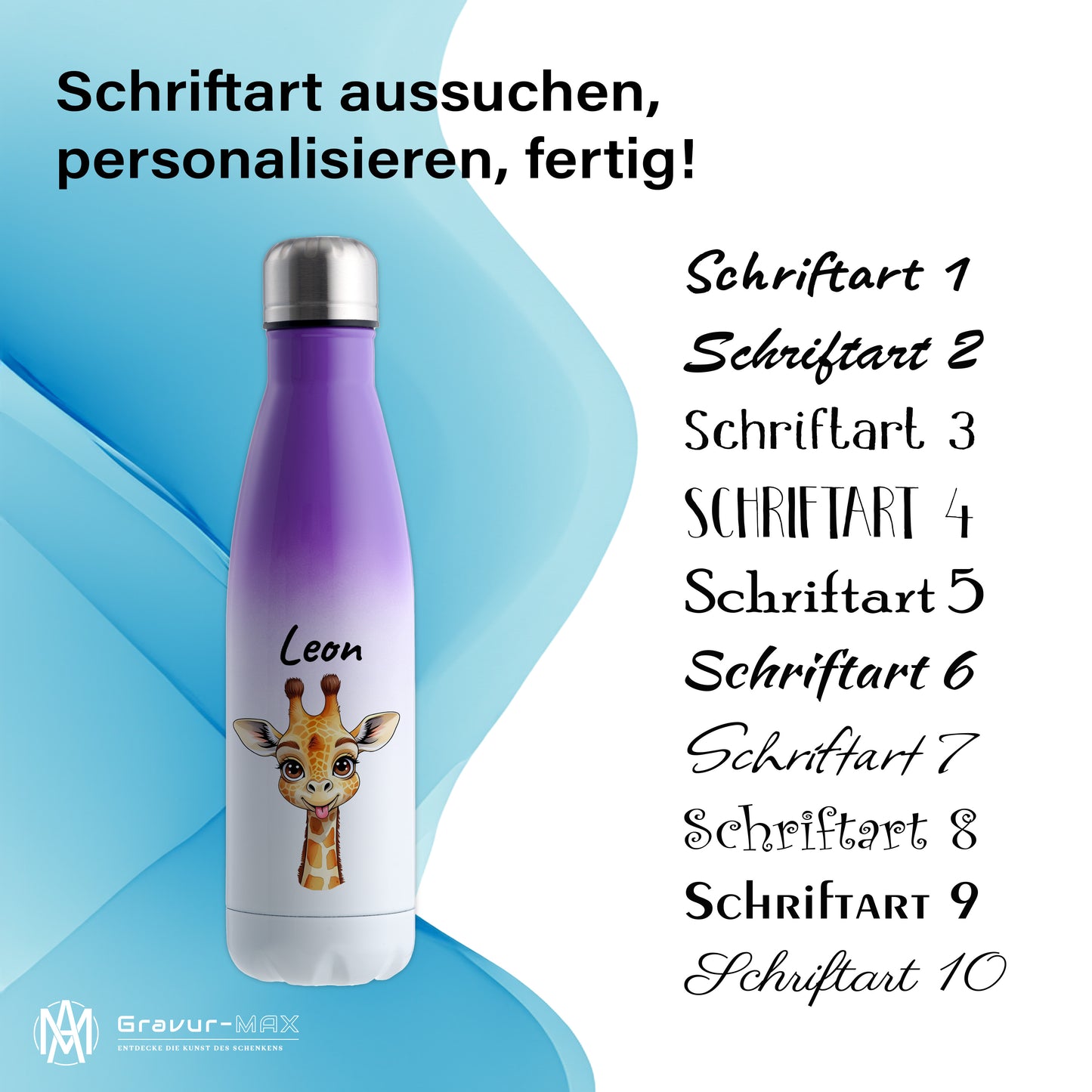 Trinkflasche in Weiß/Violett 500ml aus Edelstahl bedruckt mit niedlichen Tieren "Giraffe" personalisierbar für Kinder mit Wunschname