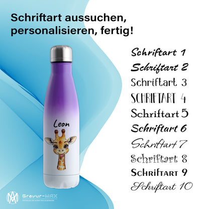 Trinkflasche in Weiß/Violett 500ml aus Edelstahl bedruckt mit niedlichen Tieren "Giraffe" personalisierbar für Kinder mit Wunschname