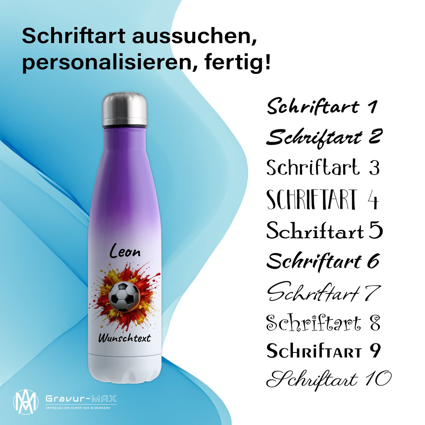 Thermoflasche 500ml in Weiß/Violett aus Edelstahl bedruckt "Fußball" Motiv9 personalisierbar mit Wunschname & Text