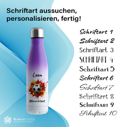 Thermoflasche 500ml in Weiß/Violett aus Edelstahl bedruckt "Fußball" Motiv9 personalisierbar mit Wunschname & Text