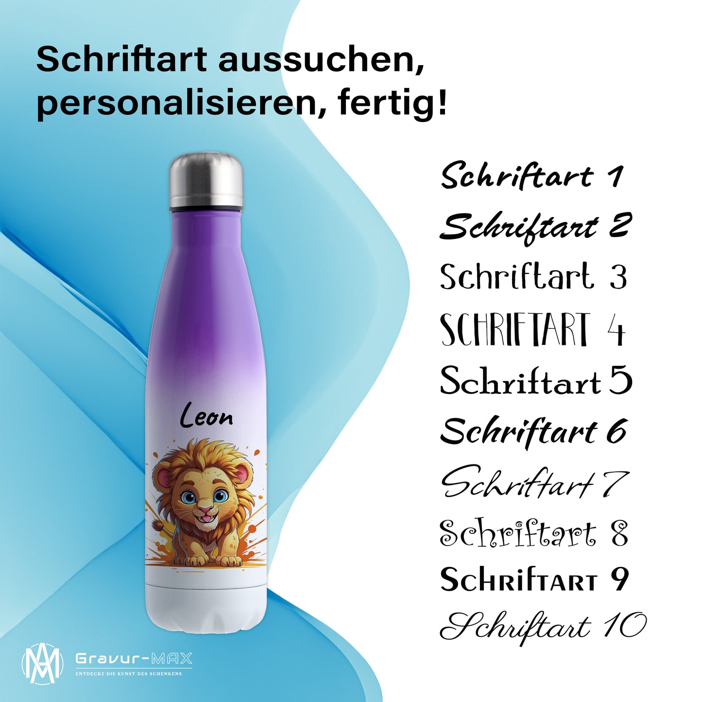 Trinkflasche in Weiß/Violett 500ml aus Edelstahl bedruckt mit niedlichen Tieren "Löwe" personalisierbar für Kinder mit Wunschname