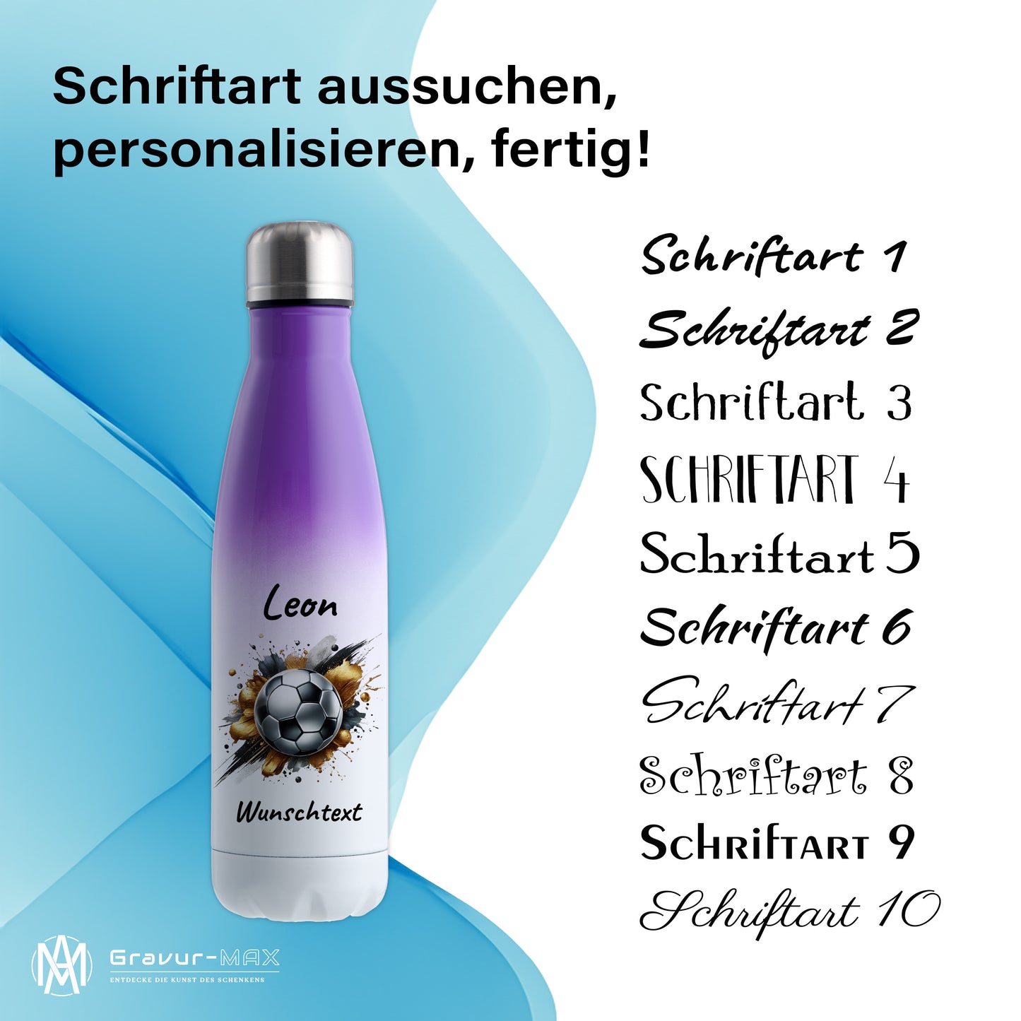 Thermoflasche 500ml in Weiß/Violett aus Edelstahl bedruckt "Fußball" Motiv13 personalisierbar mit Wunschname & Text
