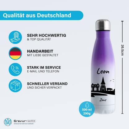 Trinkflasche in Weiß/Violett 500ml aus Edelstahl bedruckt mit der Skyline von Zons (Dormagen) personalisierbar mit Wunschname