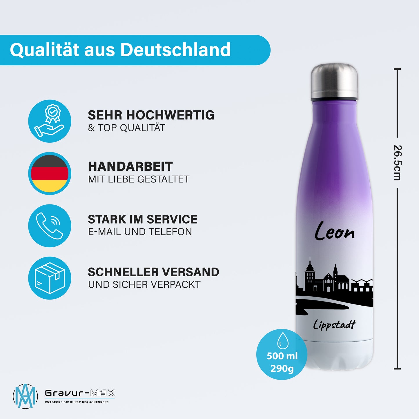 Trinkflasche in Weiß/Violett 500ml aus Edelstahl bedruckt mit der Skyline von Lippstadt personalisierbar mit Wunschname