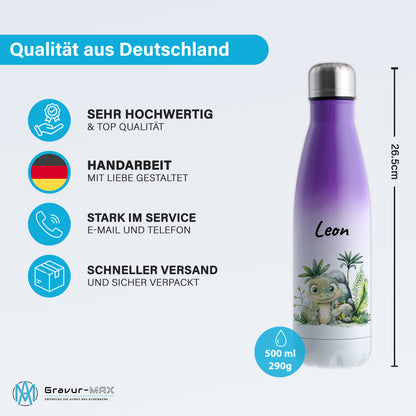 Trinkflasche mit Farbverlauf in Weiß/Violett 500ml aus Edelstahl bedruckt mit Dschungel Tieren"Krokodil" personalisierbar für Kinder mit Wunschname
