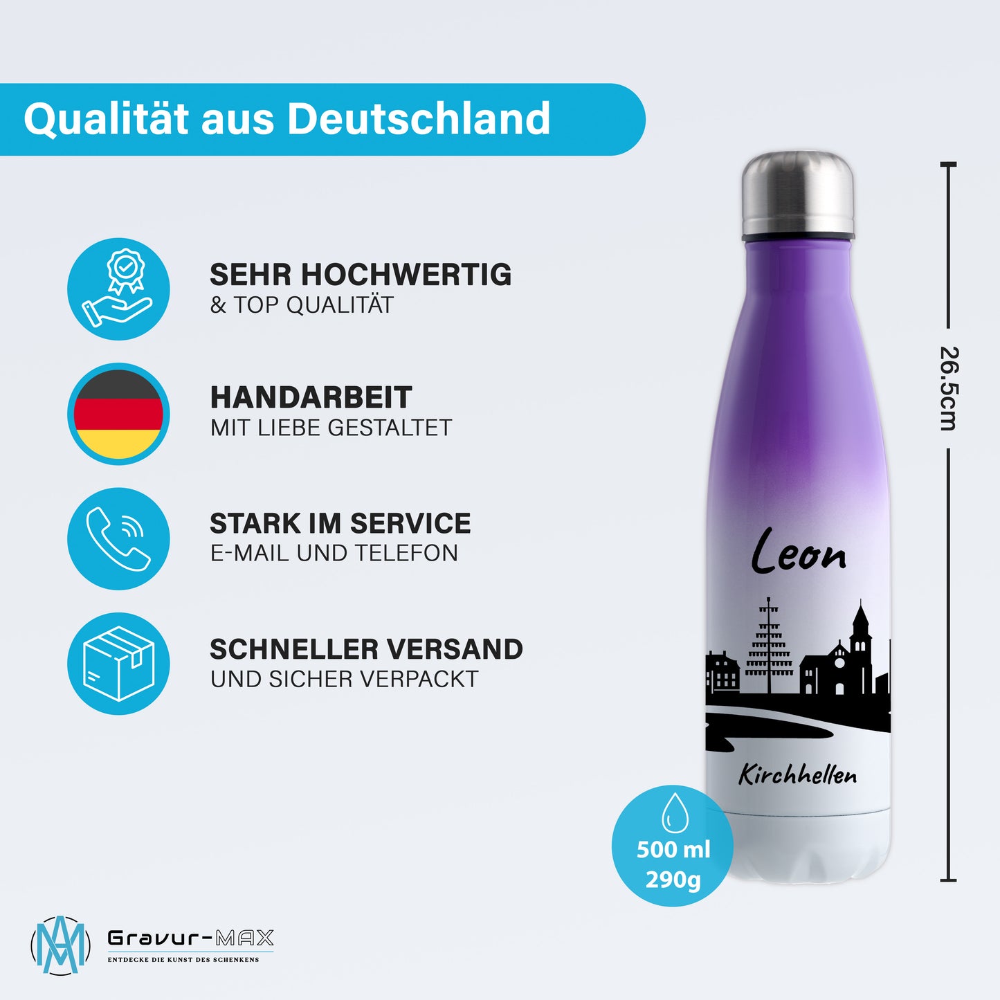 Trinkflasche in Weiß/Violett 500ml aus Edelstahl bedruckt mit der Skyline von Kirchhellen personalisierbar mit Wunschname