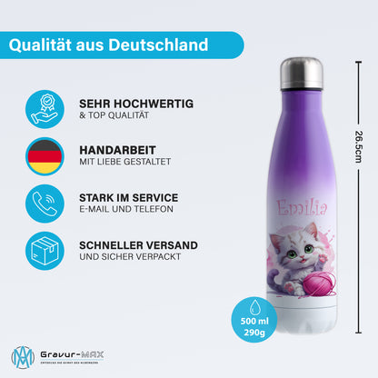 Trinkflasche in Weiß/Violett 500ml aus Edelstahl bedruckt mit niedlichen Tieren "Katze" personalisierbar für Kinder mit Wunschname