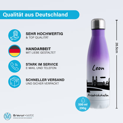 Trinkflasche in Weiß/Violett 500ml aus Edelstahl bedruckt mit der Skyline von Friedrichshafen personalisierbar mit Wunschname