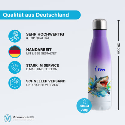 Thermoflasche 500ml in Weiß/Violett bedruckt mit tollen Motiven für Kinder "Hai" personalisierbar mit Wunschname