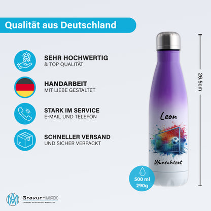 Thermoflasche 500ml in Weiß/Violett aus Edelstahl bedruckt "Fußball" Motiv5 personalisierbar mit Wunschname & Text
