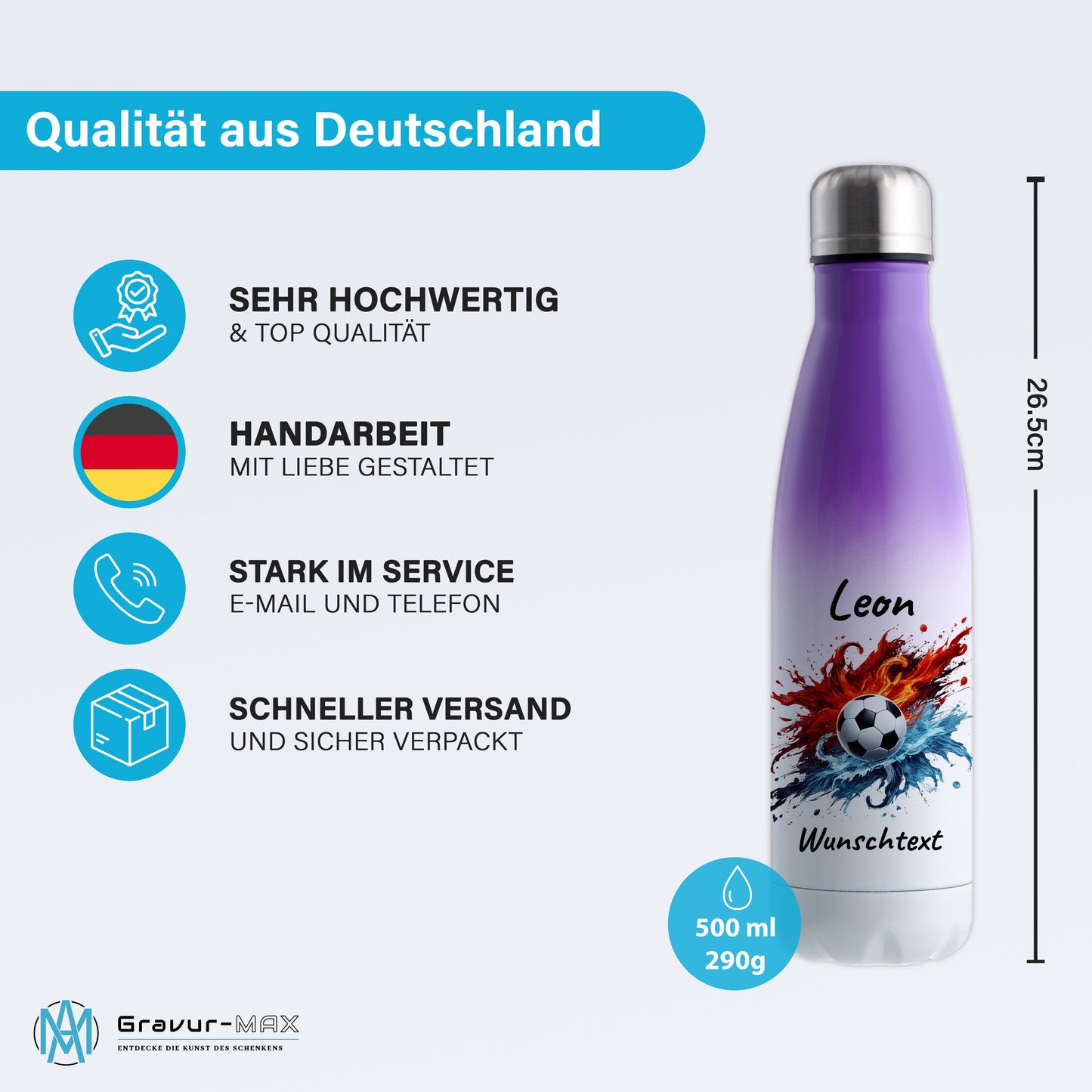 Thermoflasche 500ml in Weiß/Violett aus Edelstahl bedruckt "Fußball" Motiv12 personalisierbar mit Wunschname & Text
