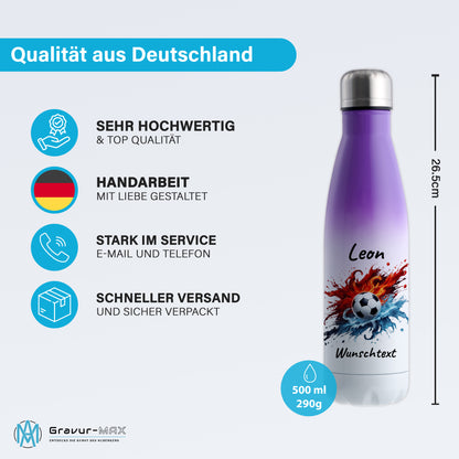 Thermoflasche 500ml in Weiß/Violett aus Edelstahl bedruckt "Fußball" Motiv12 personalisierbar mit Wunschname & Text